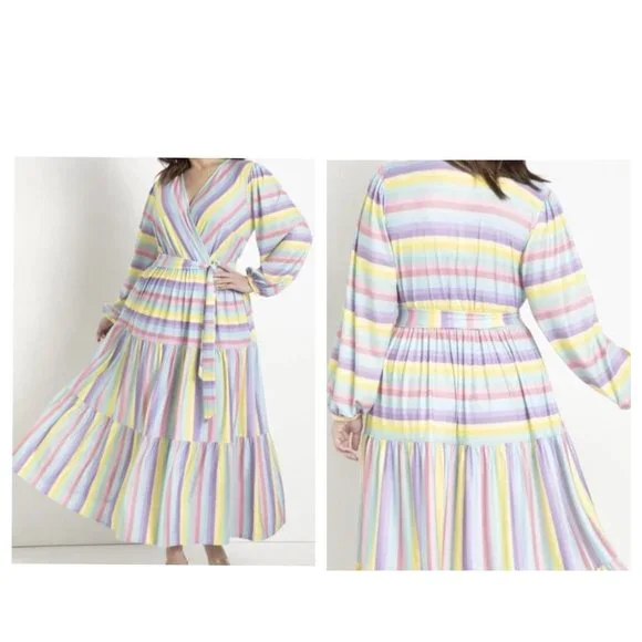 ELOQII Maxi Dress Womens 18 Easter Colorful Striped Tiered Ballon Long Sleeves - Picture 2 of 16